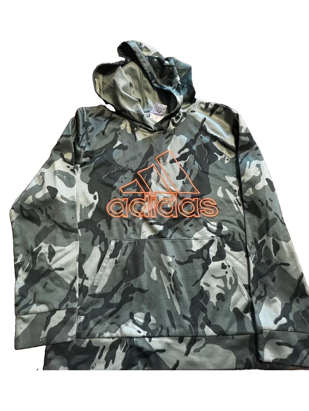 Adidas Boys M 10/12 Core Camo Hoodie Green Gray Orange Logo Pullover Youth